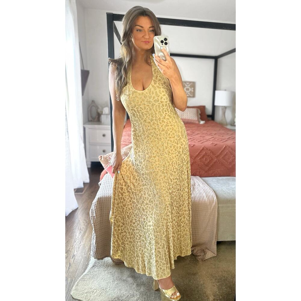 Y2K Alexia Admore Size Large Gold Glitter Halter Maxi Dress